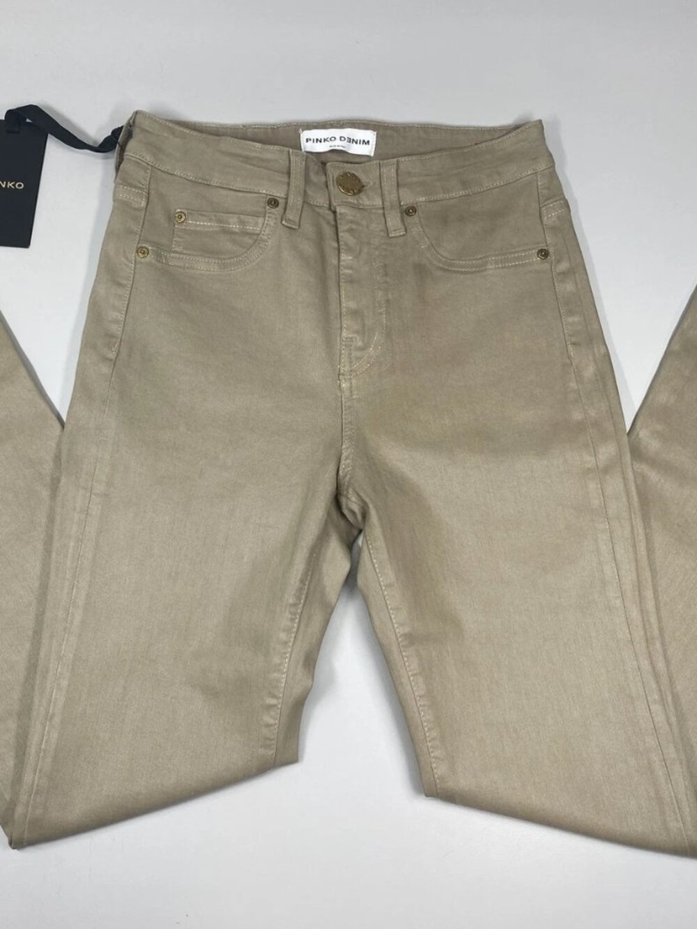 NEW Pinko Denim Womens Jeans Beige Size 27 Flora Coated Cotton Flare Pants